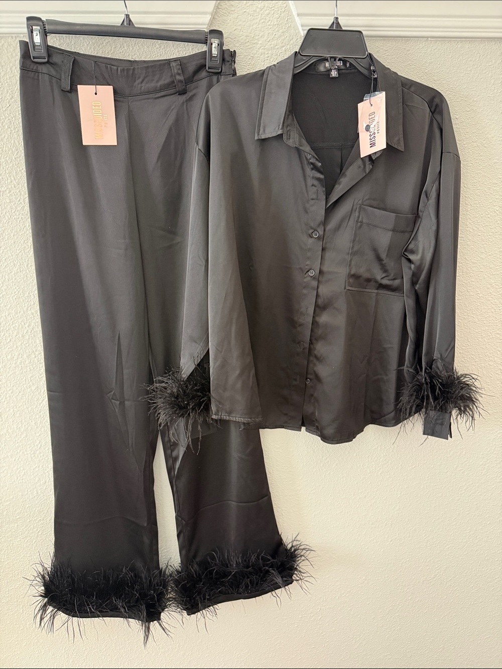 Missguided Women's Black Feather-Trim Satin Pajama Set